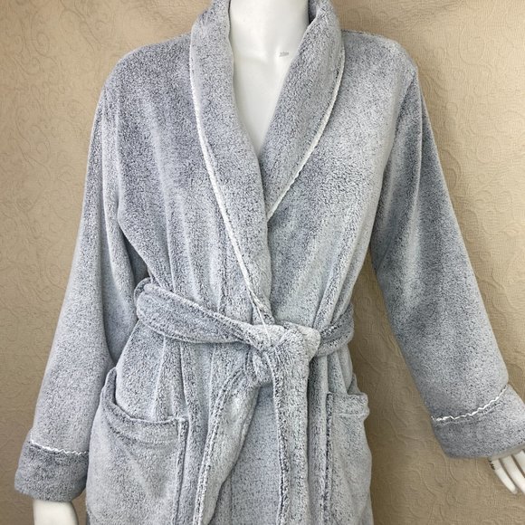 Oscar de la Renta Pink Label Plush Gray Shawl Collar Robe Satin Trim Belt - Picture 7 of 14